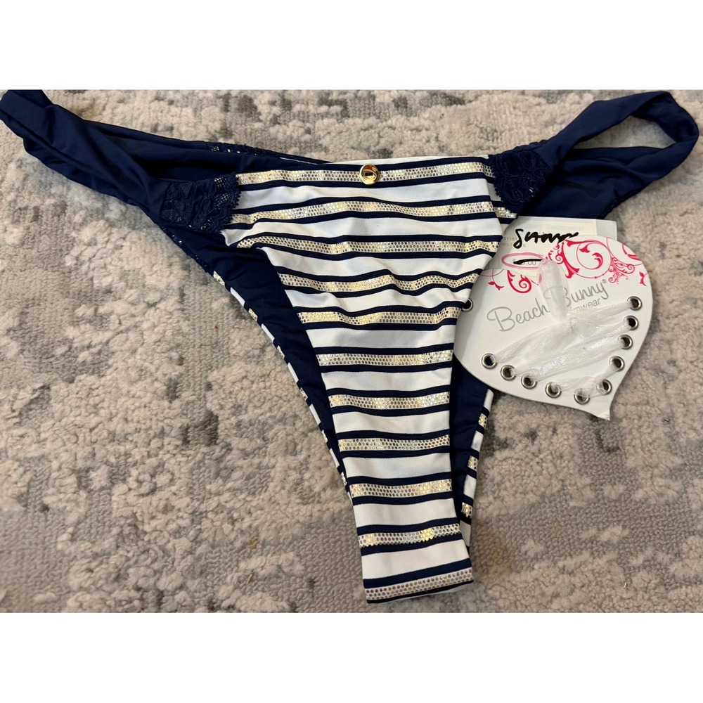 Beach Bunny Swimwear Navy White Gold Striped Lace Skimpy Bikini Bottom XL L1513